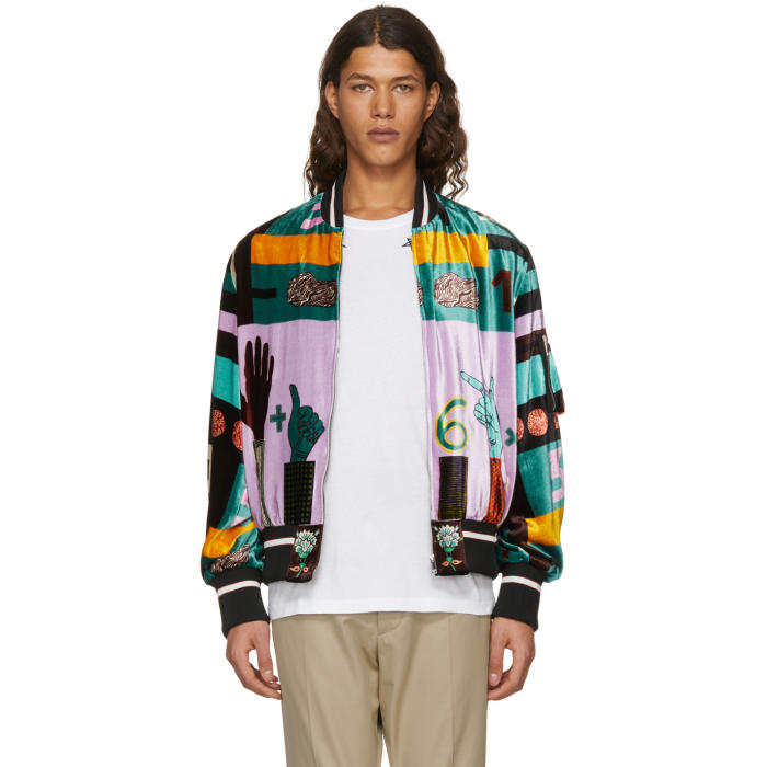 Valentino Multicolor Velvet Counting Bomber Jacket Valentino