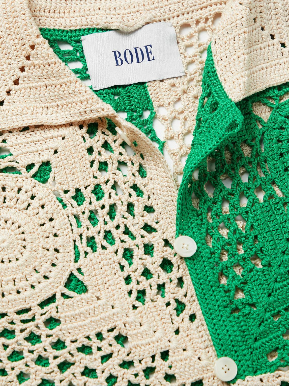 BODE ColourBlock CrochetKnit Cotton Shirt Green Bode