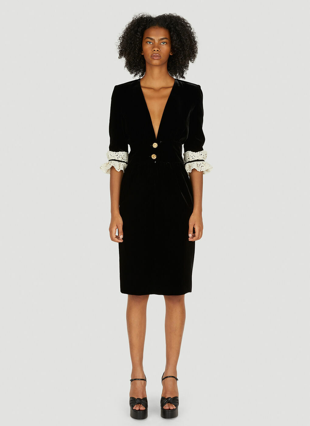 Lace Trim Velvet Dress in Black Saint Laurent