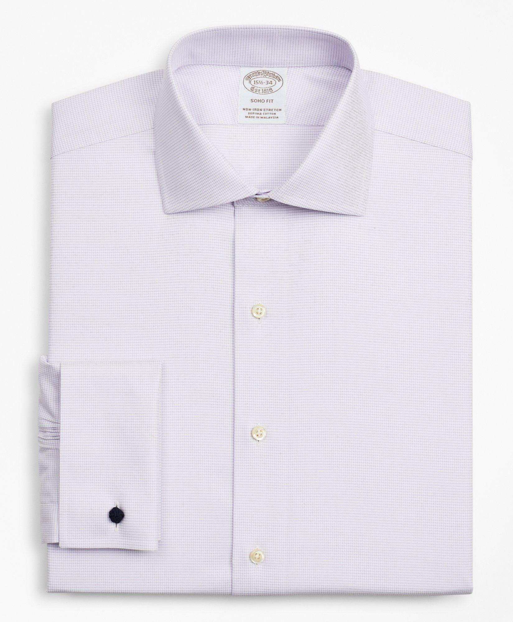 Brooks Brothers Men's Stretch Soho Extra-Slim-Fit Dress Shirt, Non-Iron Twill English Collar French Cuff Micro-Check | Lavender