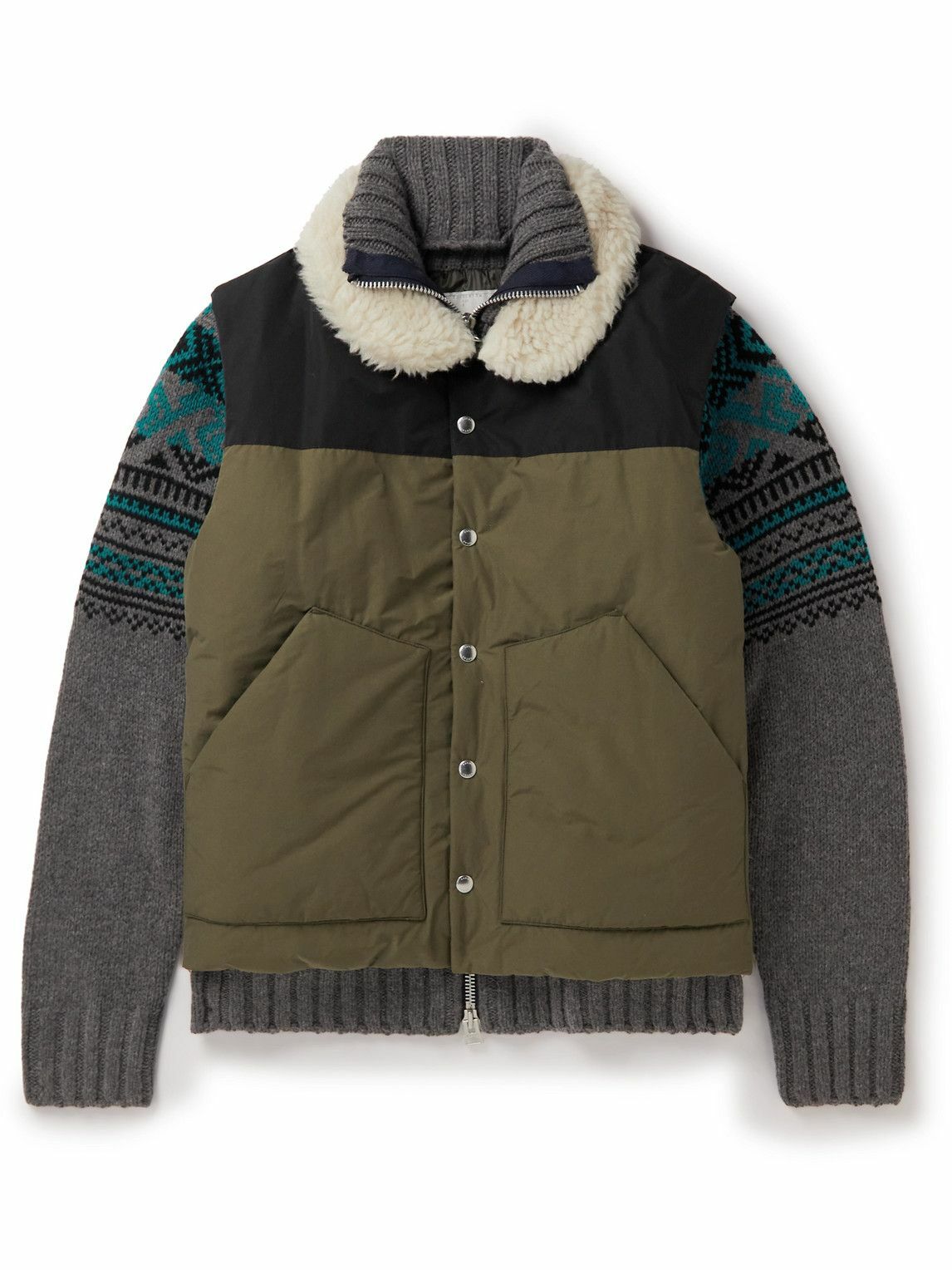 Photo: Sacai - Faux Shearling-Trimmed Layered Wool-Blend and Shell Bomber Jacket - Green