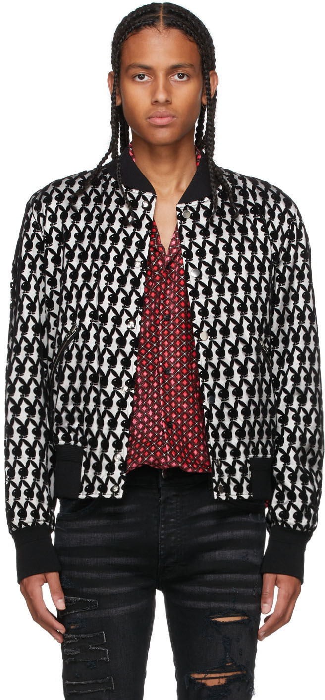 AMIRI Black & White Playboy Edition Flocked Bomber Jacket Amiri