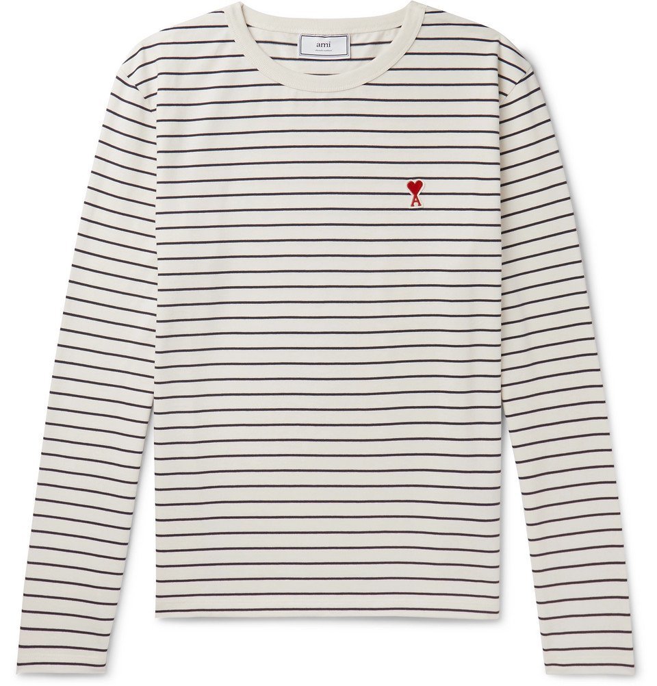 AMI - Striped Logo-Appliquéd Cotton-Jersey T-Shirt - White AMI