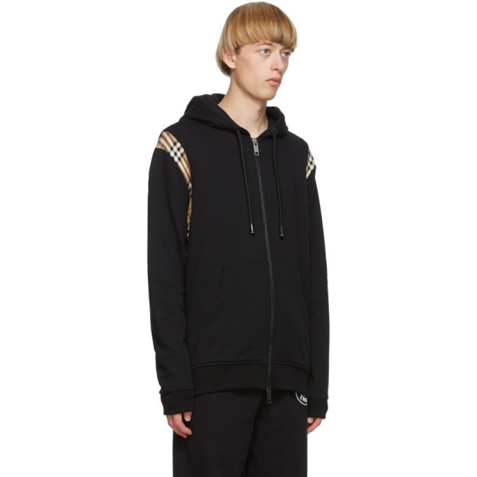 Burberry Black Check Trim Zip-Up Hoodie Burberry