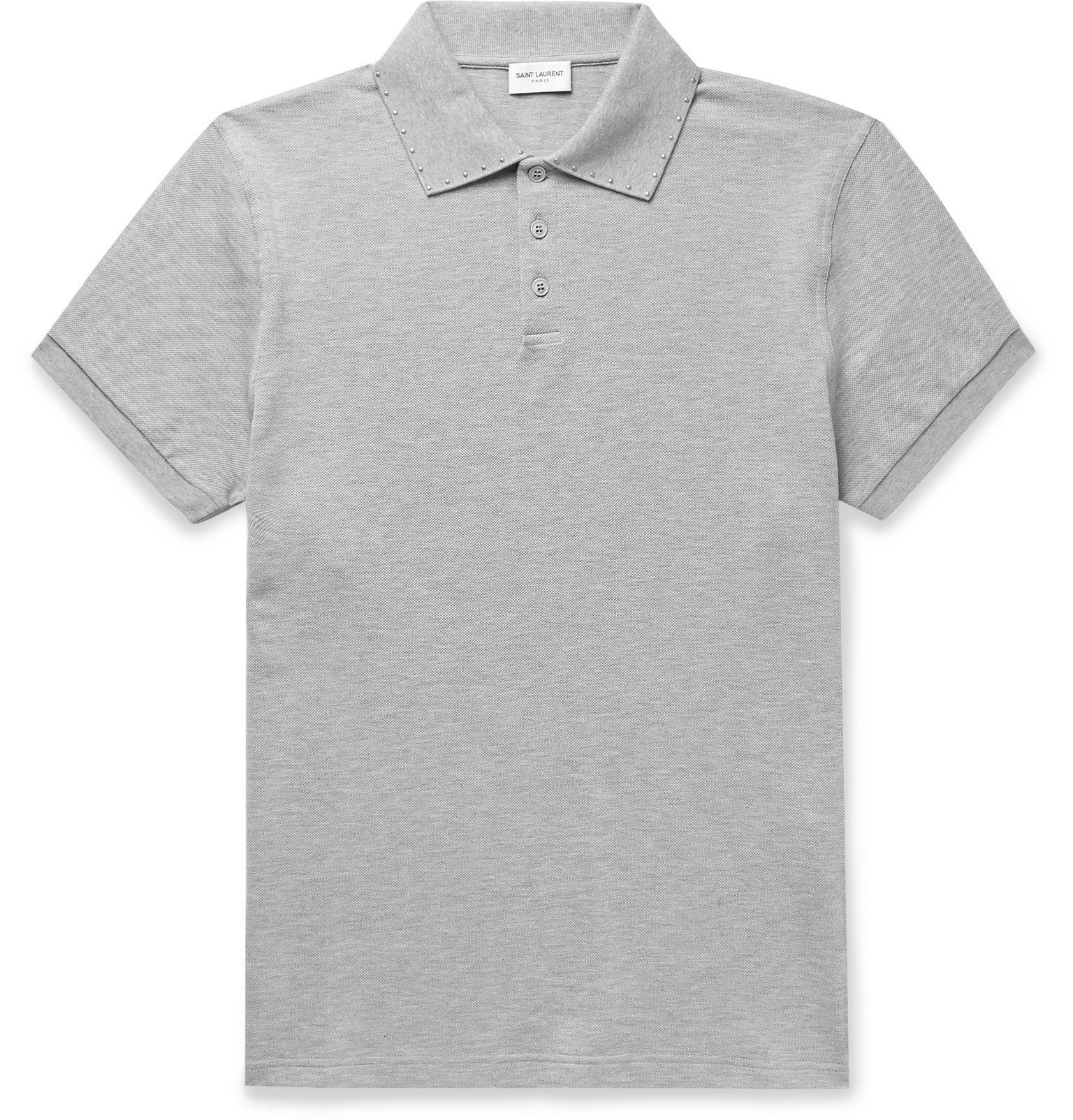 SAINT LAURENT - Studded Mélange Cotton-Piqué Polo Shirt - Gray Saint ...
