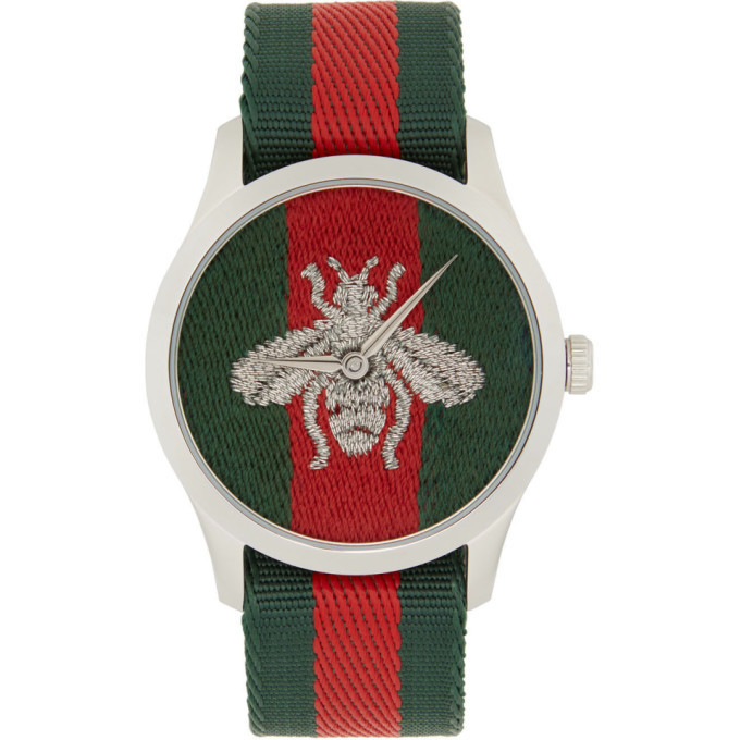 Gucci Silver G-Timeless Web Bee Watch Gucci