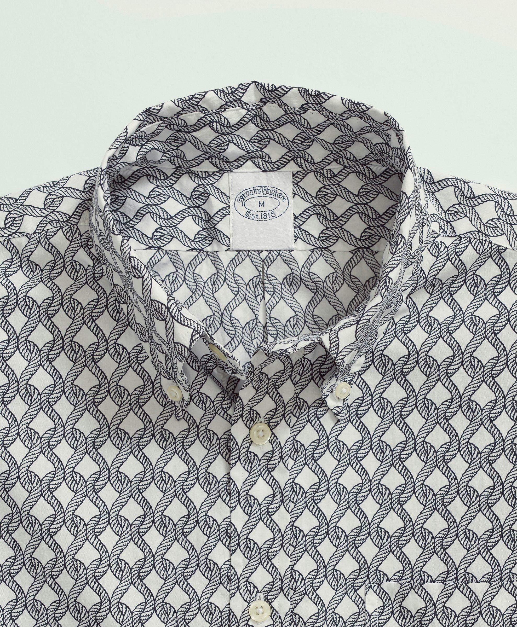 Brooks Brothers Men's Cotton Poplin Button-Down Collar, Rope Print Short-Sleeve Sport Shirt | White