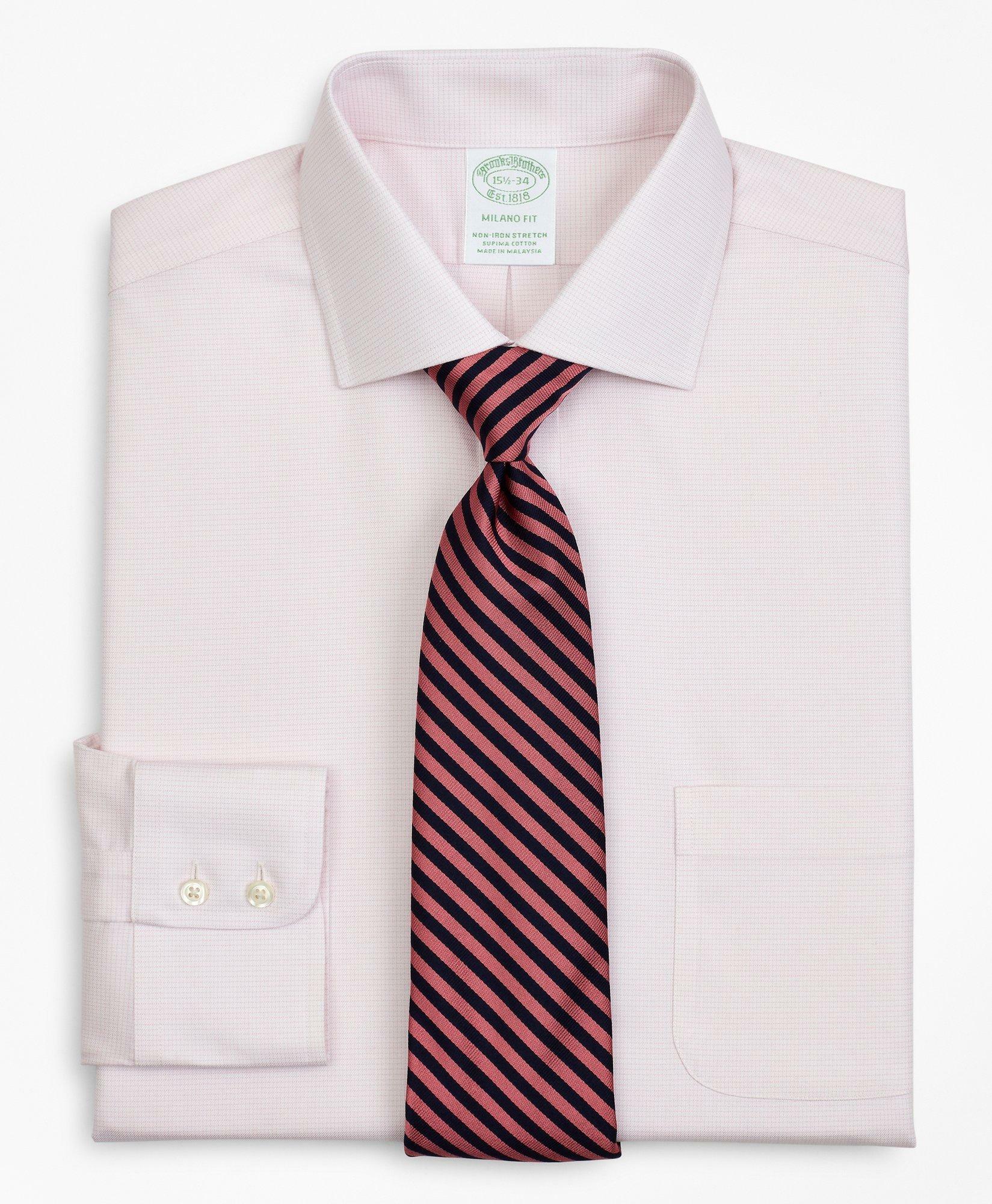 Brooks Brothers Men's Stretch Milano Slim-Fit Dress Shirt, Non-Iron Twill English Collar Micro-Check | Pink