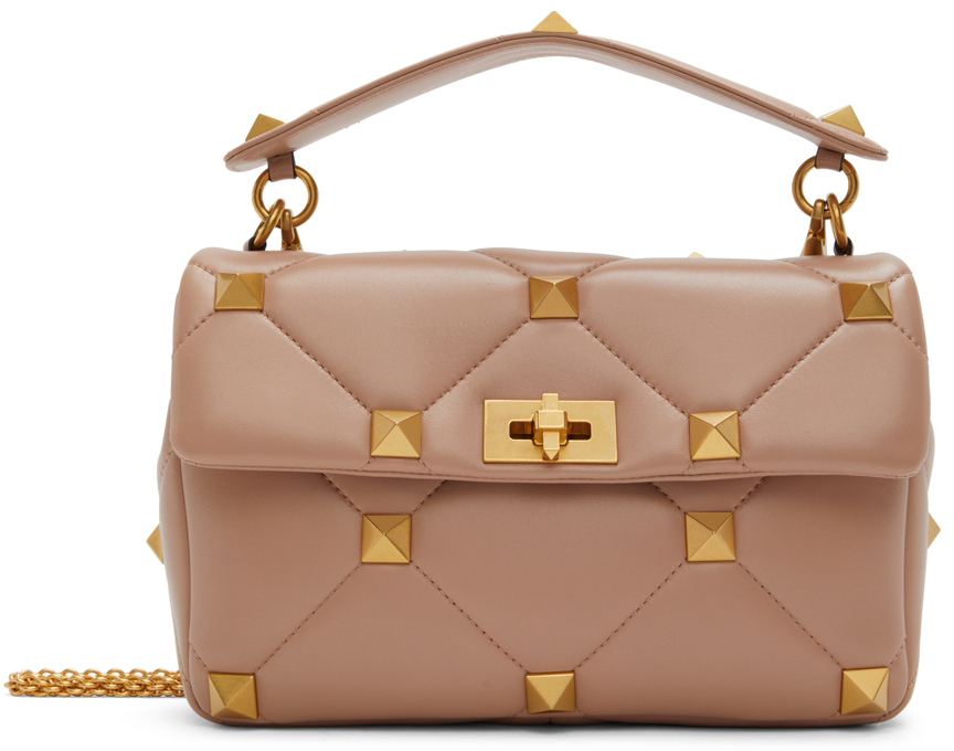 Valentino Garavani Beige Large Roman Stud Shoulder Bag Valentino Garavani