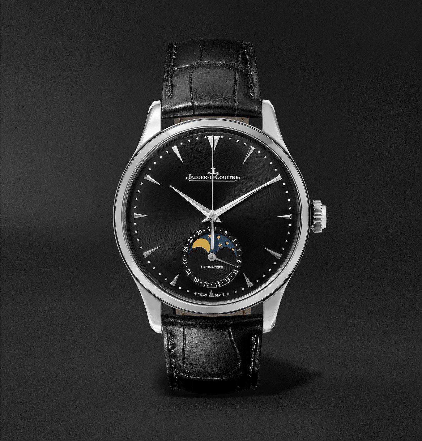 JaegerLeCoultre Master Ultra Thin Moon Automatic 39mm Stainless Steel and Leather Watch, Ref