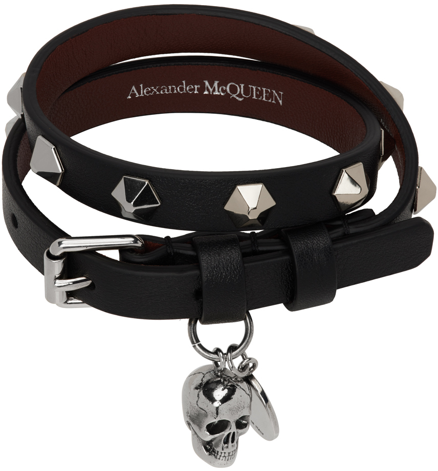 Alexander McQueen Black Stud Double Wrap Leather Bracelet Alexander McQueen