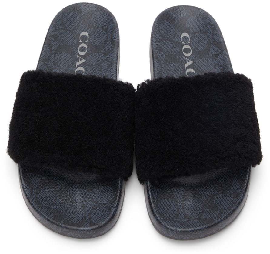 Coach 1941 Black Shearling Pool Slides Coach 1941