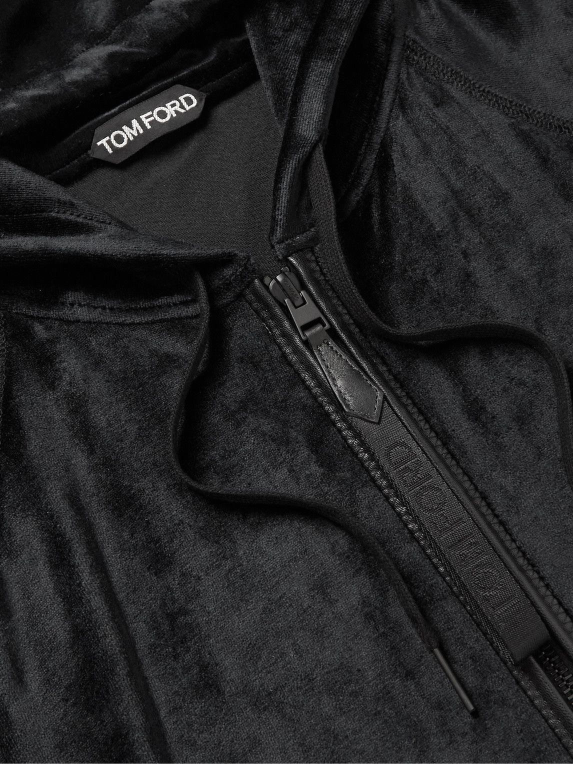 TOM FORD - Leather-Trimmed Modal-Blend Velour Zip-Up Hoodie - Black TOM FORD