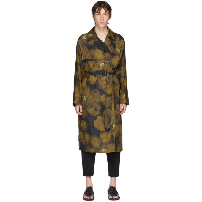 Dries Van Noten Black and Yellow Rennie Floral Trench Coat Dries 