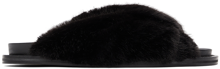 black faux fur slides