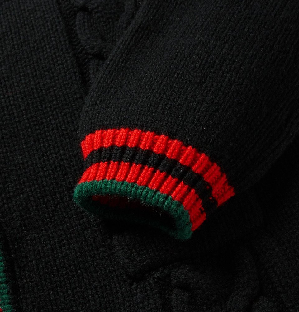 Gucci - Stripe-Trimmed Cable-Knit Wool Cardigan - Men - Black Gucci