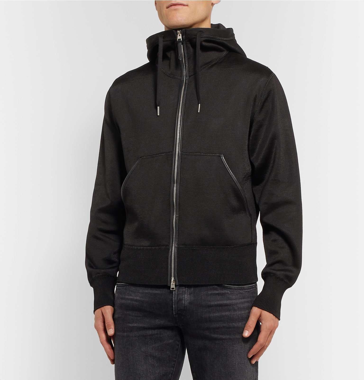 TOM FORD - Leather-Trimmed Jersey Zip-Up Hoodie - Black TOM FORD