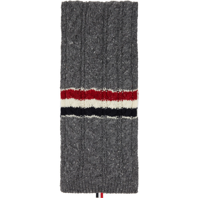 Thom Browne Grey Aran Tweed Funmix RWB Stripe Scarf Thom Browne