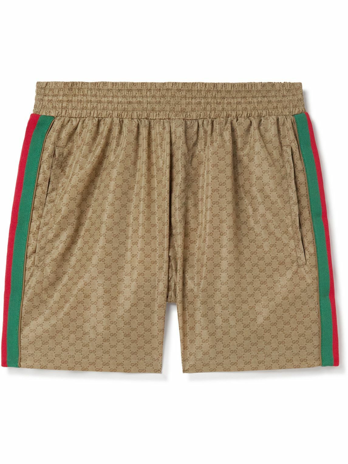GUCCI - Slim-Fit Mid-Length Logo-Print Striped Swim Shorts - Neutrals Gucci