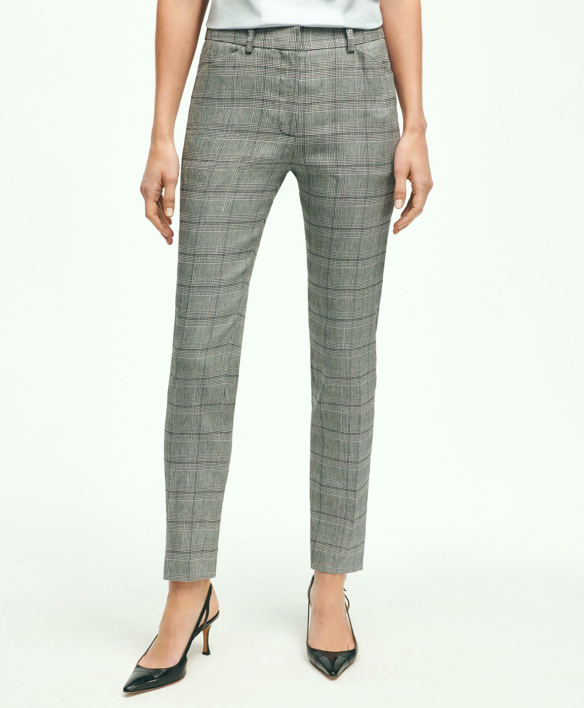Brooks Brothers Women's Linen Blend Glen Plaid Pants | Light Grey