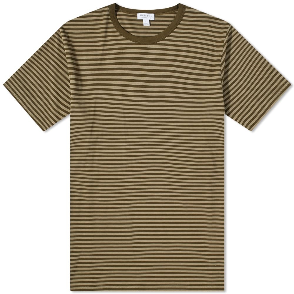 Sunspel Men's Classic Stripe Crew Neck T-Shirt in Caper/Dark Moss Sunspel