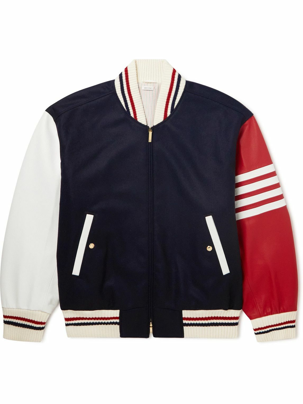 Thom Browne - Bouclé-Trimmed Leather and Wool-Felt Bomber Jacket - Blue ...