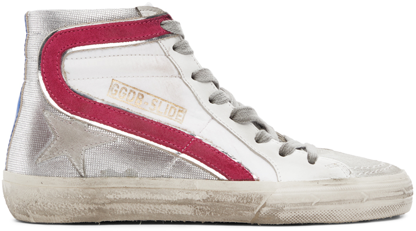 GOLDEN GOOSE Size 8 Grey & Pink Leather Pony Hair Slide Sneakers