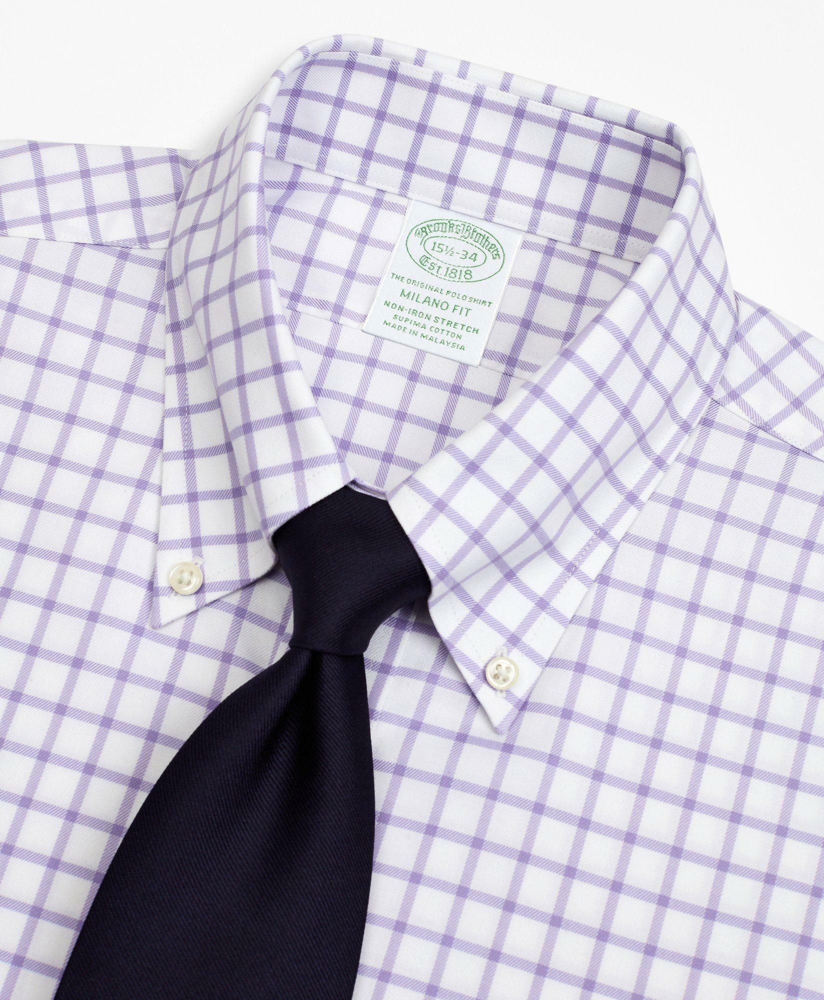 Brooks Brothers Men's Stretch Milano Slim-Fit Dress Shirt, Non-Iron Twill Button-Down Collar Grid Check | Lavender