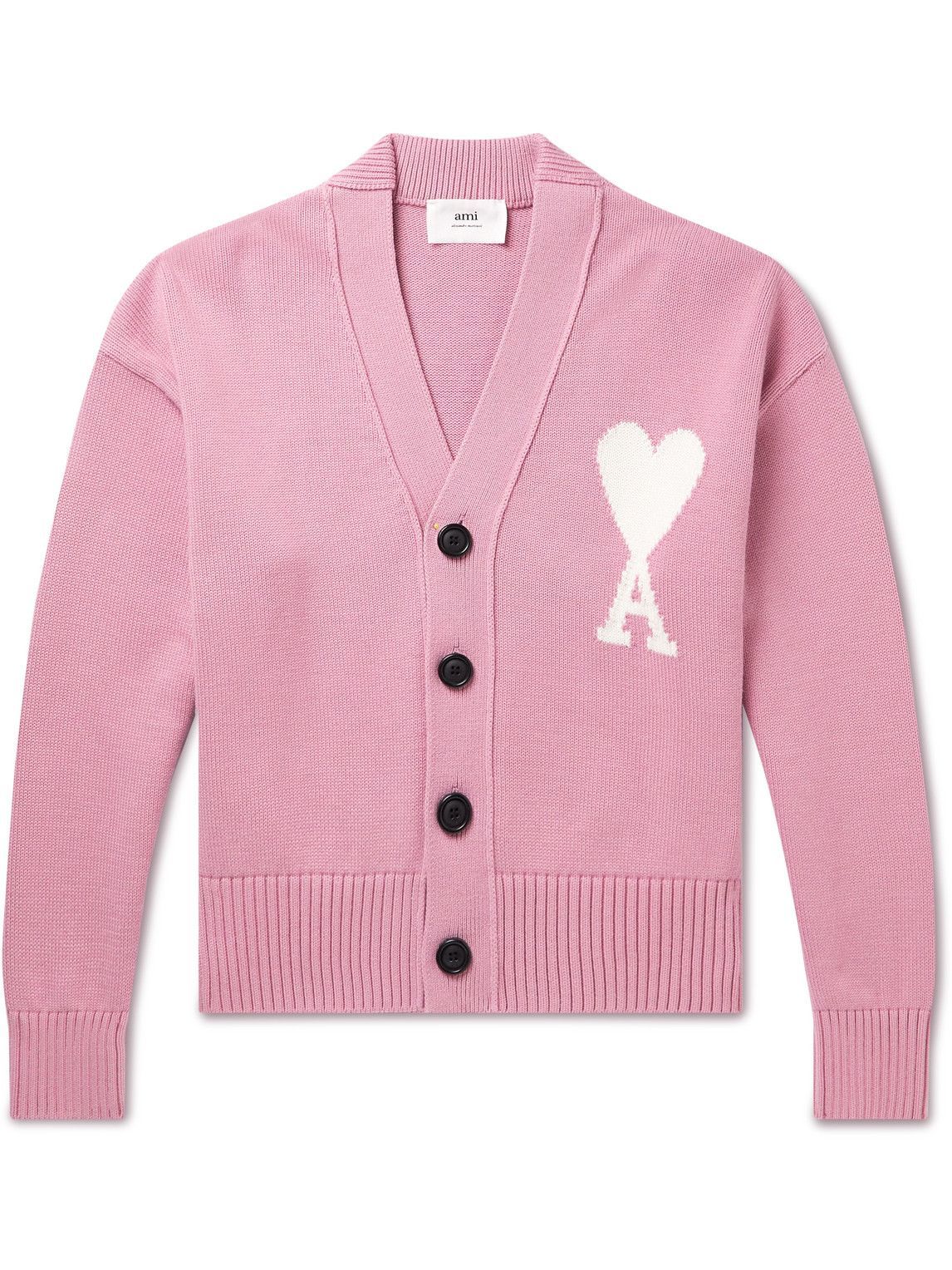 AMI PARIS - Logo-Intarsia Organic Cotton and Wool-Blend Cardigan - Pink