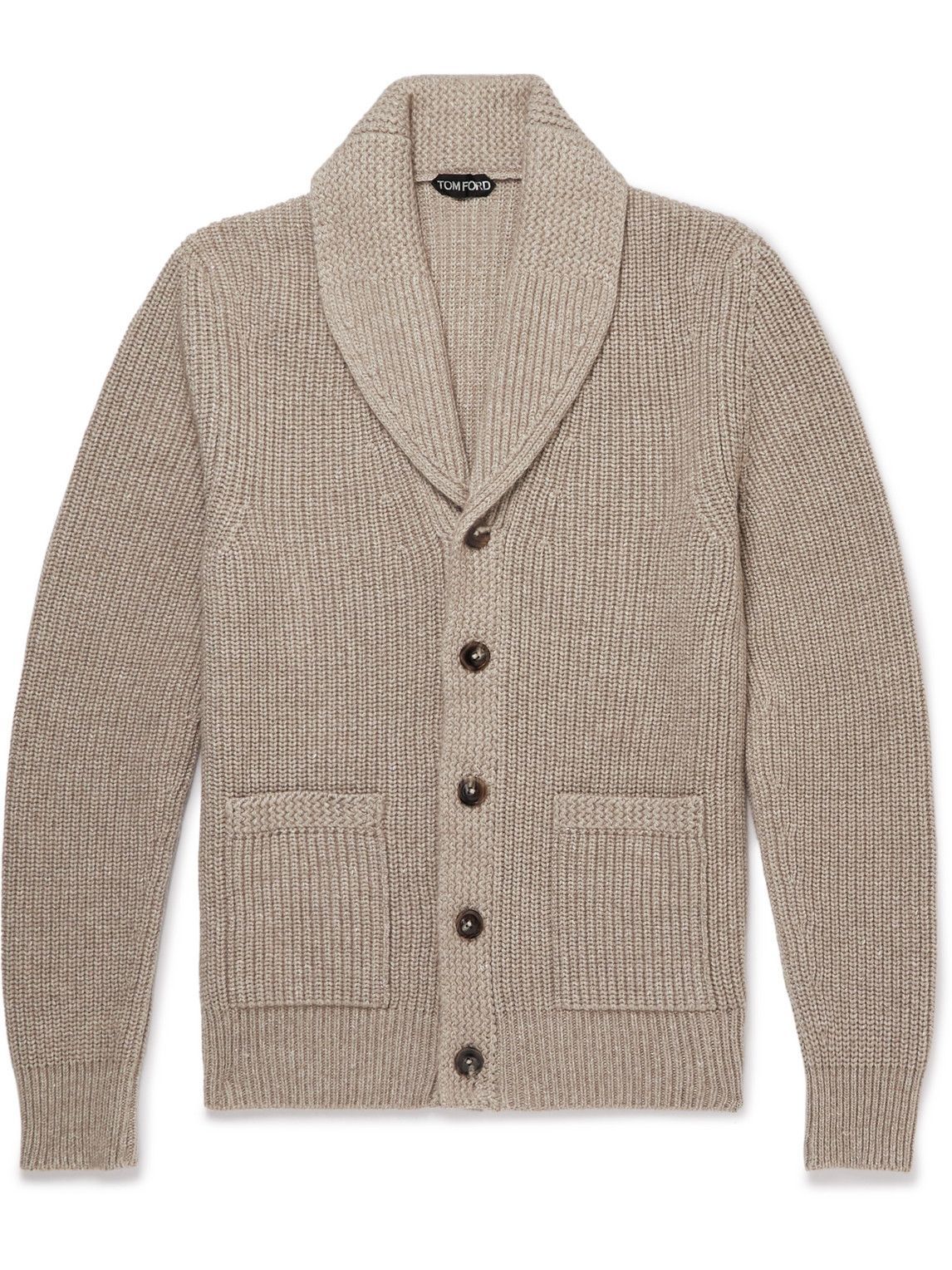 Photo: TOM FORD - Shawl-Collar Ribbed-Knit Cashmere and Linen-Blend Cardigan - Neutrals