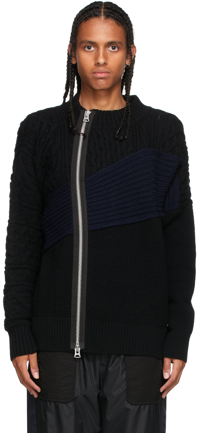 Sacai Black u0026 Navy Cable Knit Zip-Up Sweater Sacai