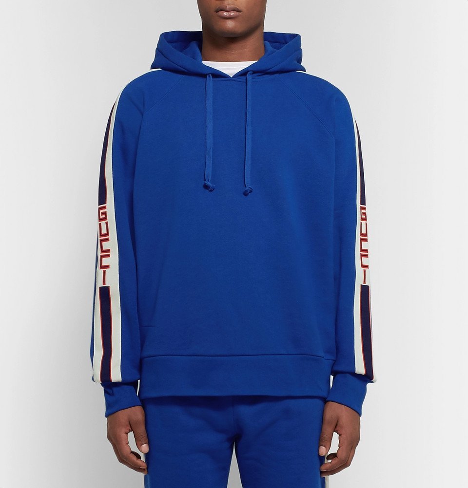 Gucci - Webbing-Trimmed Loopback Cotton-Jersey Hoodie - Men - Blue Gucci