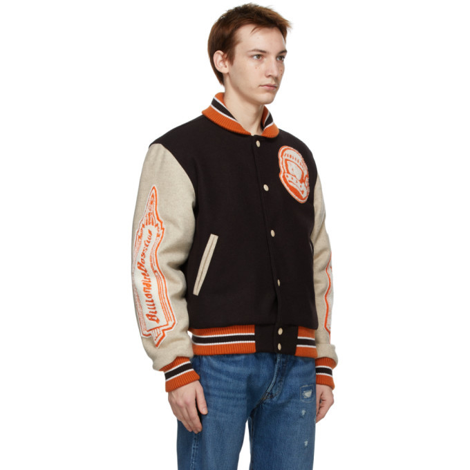 brown and orange varsity jacket