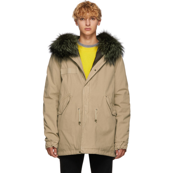 Mr and Mrs Italy Beige and Green Canvas Small Hooded Fur Parka Mr and ...