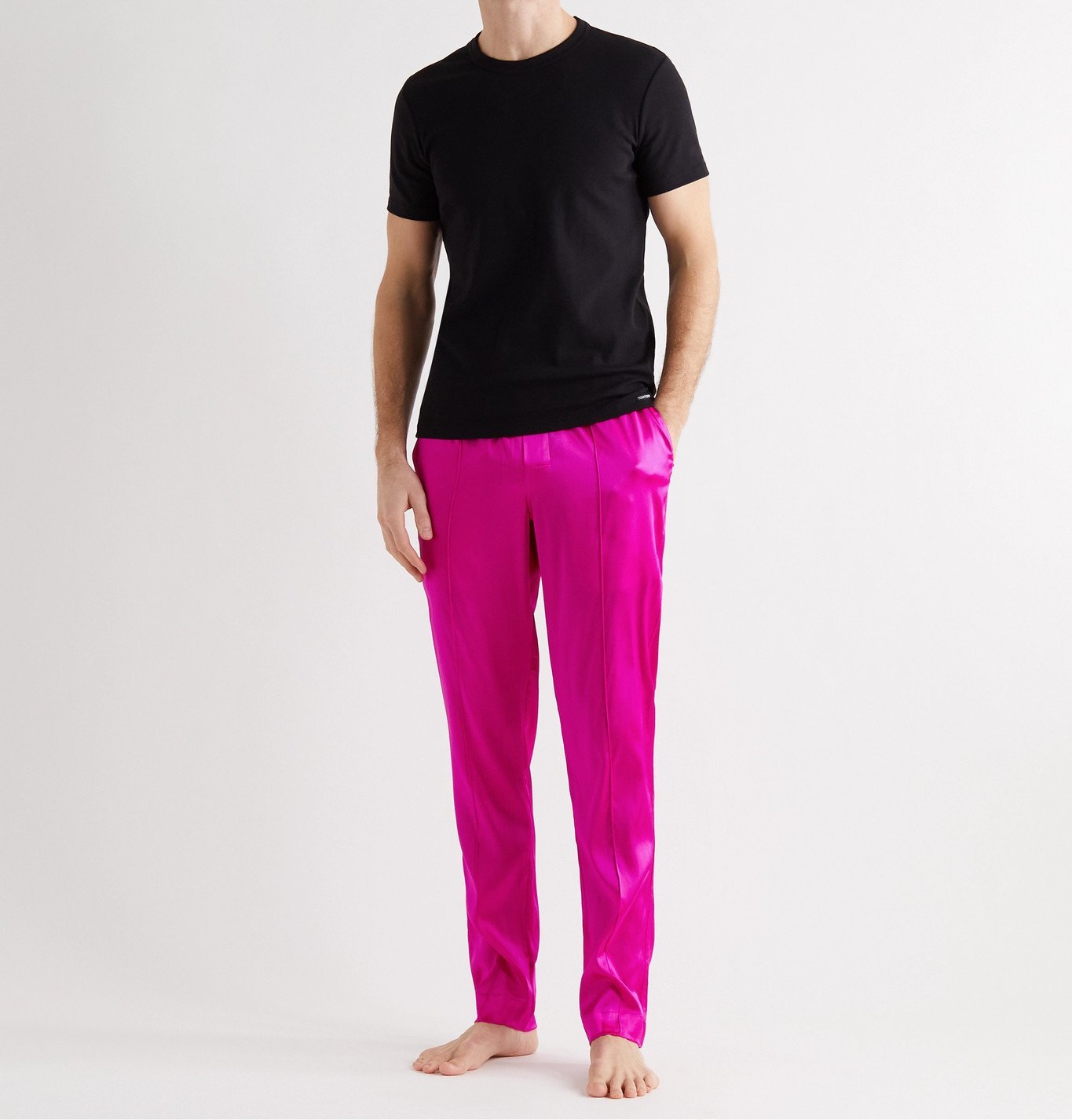 TOM FORD Velvet Trimmed Stretch Silk Satin Pyjama Trousers Pink TOM