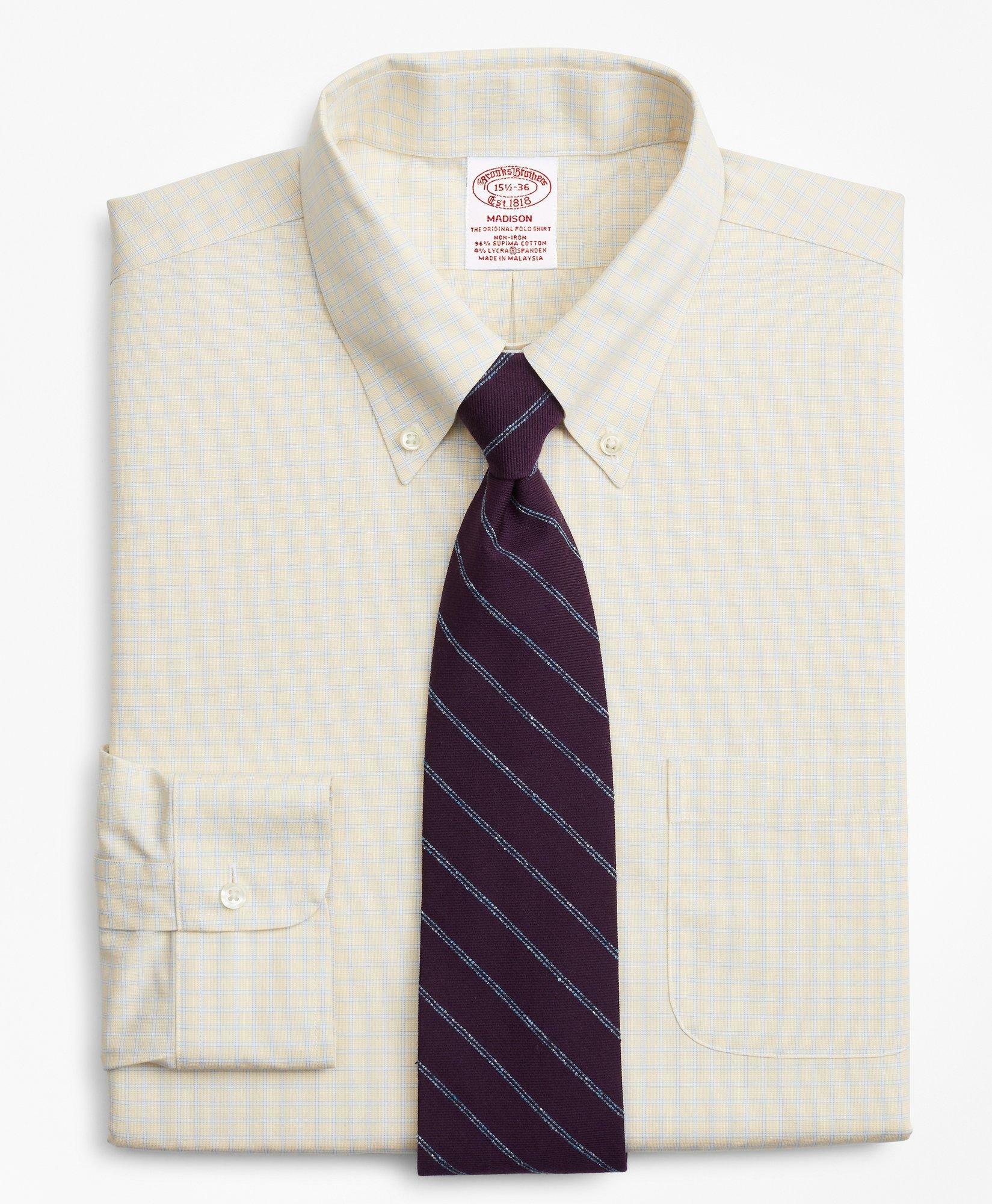 Brooks Brothers Men's Stretch Madison Relaxed-Fit Dress Shirt, Non-Iron Check | Golden Haze