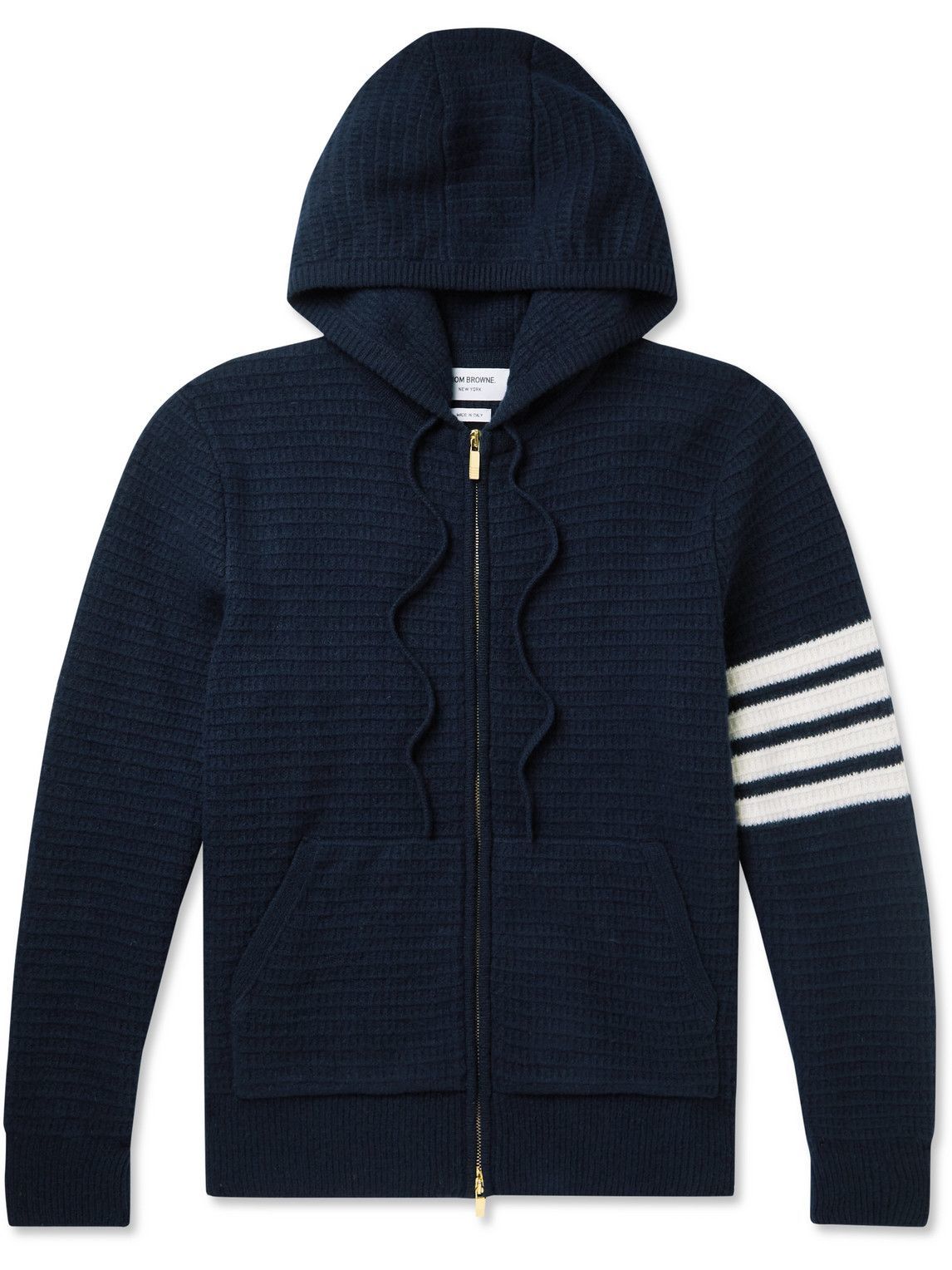 Thom Browne - Striped Waffle-Knit Wool and Cashmere-Blend Zip-Up Hoodie ...