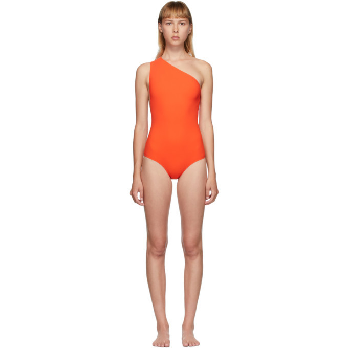 one shoulder orange swimsuit