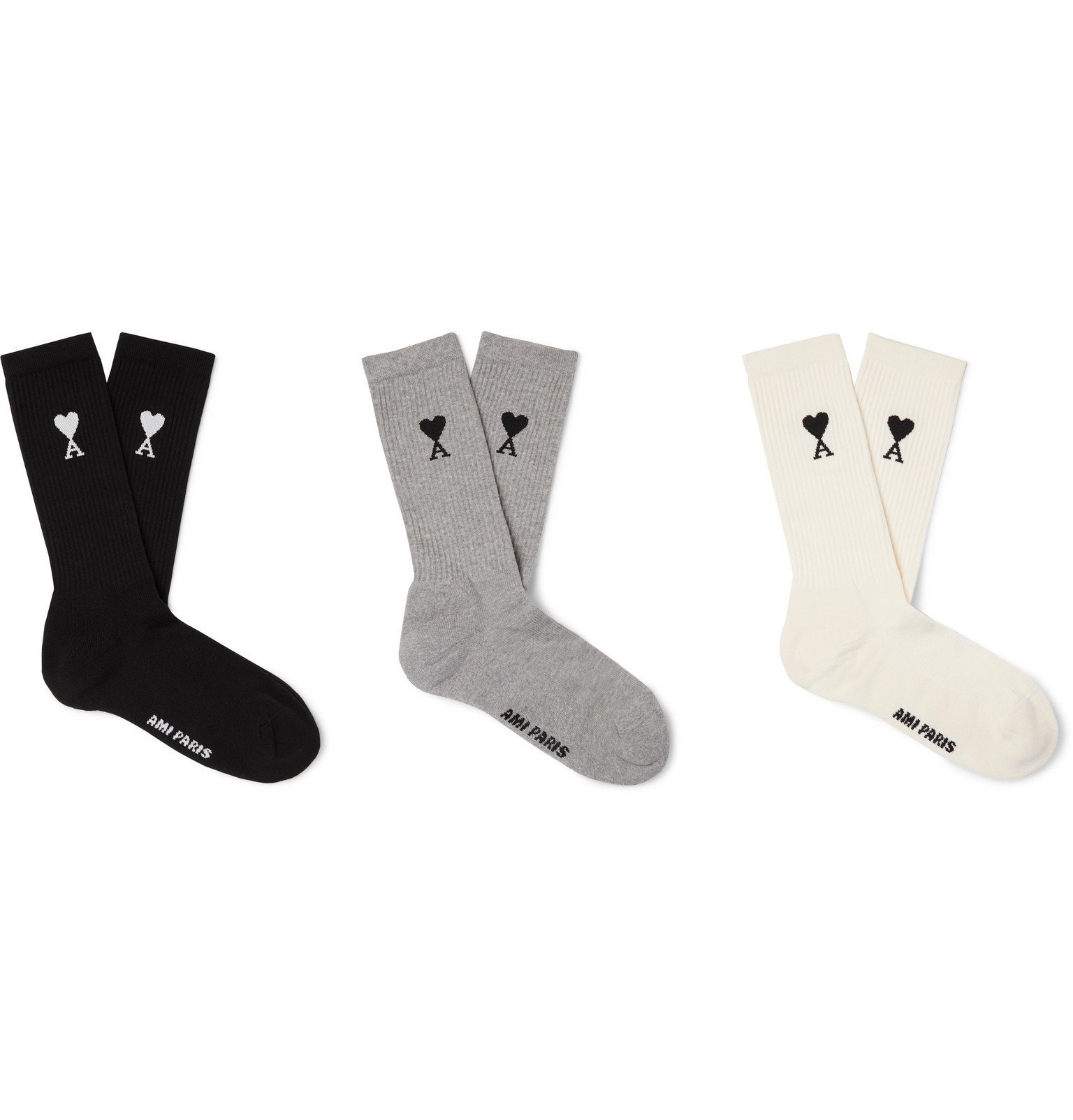 AMI - Three-Pack Logo-Intarsia Cotton-Blend Socks - Gray AMI