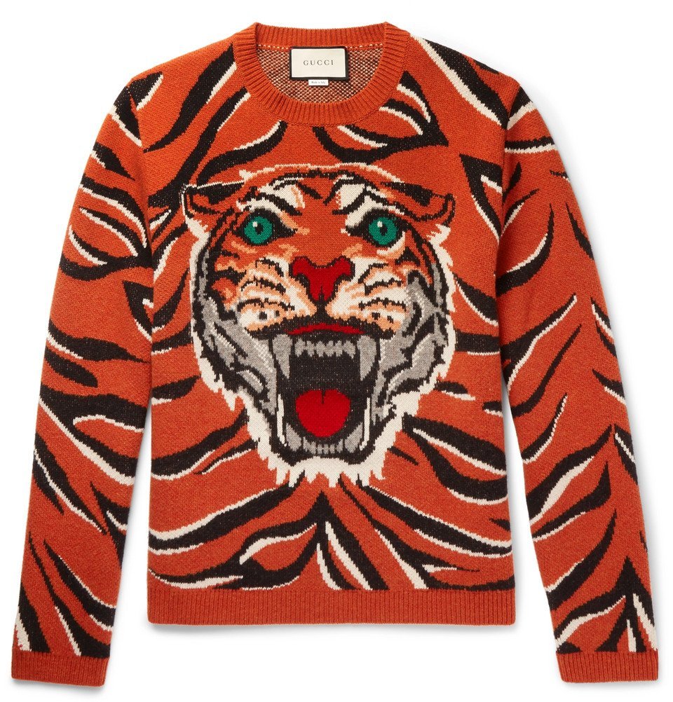 Gucci - Embroidered Tiger-Intarsia Wool 
