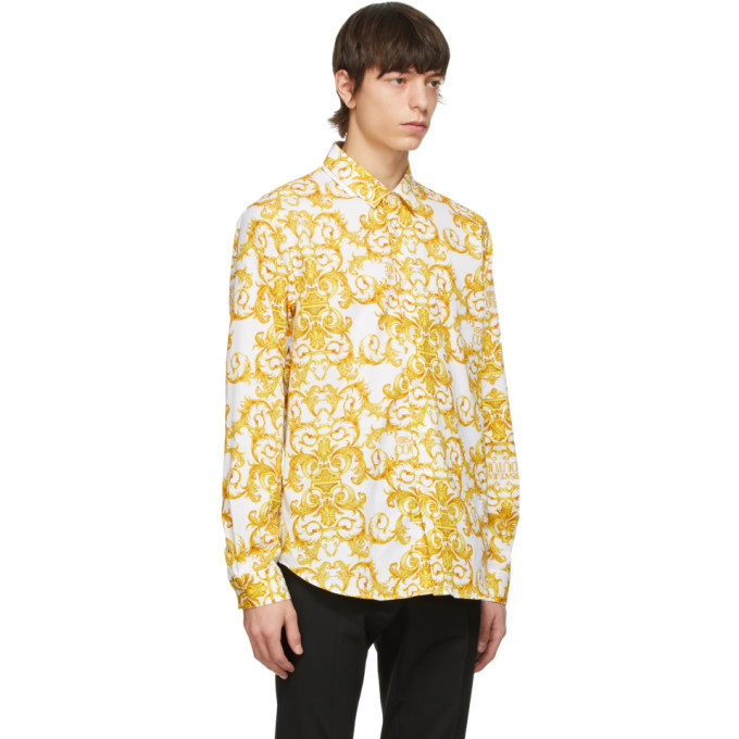 Versace Jeans Couture White and Gold Logo Baroque Print Shirt Versace