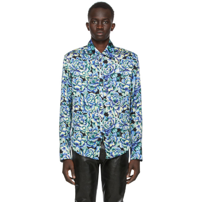 Paco Rabanne Blue and Black Satin Floral Shirt Paco Rabanne