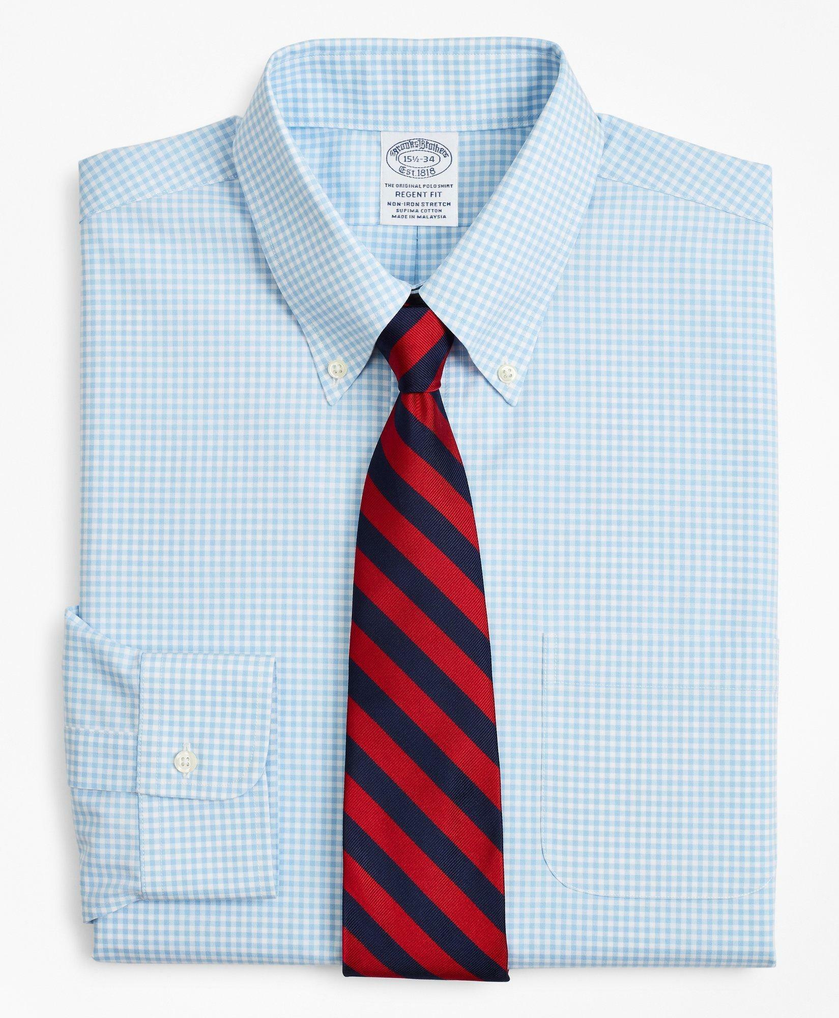 Brooks Brothers Men's Stretch Regent Regular-Fit Dress Shirt, Non-Iron Poplin Button-Down Collar Gingham | Light Blue