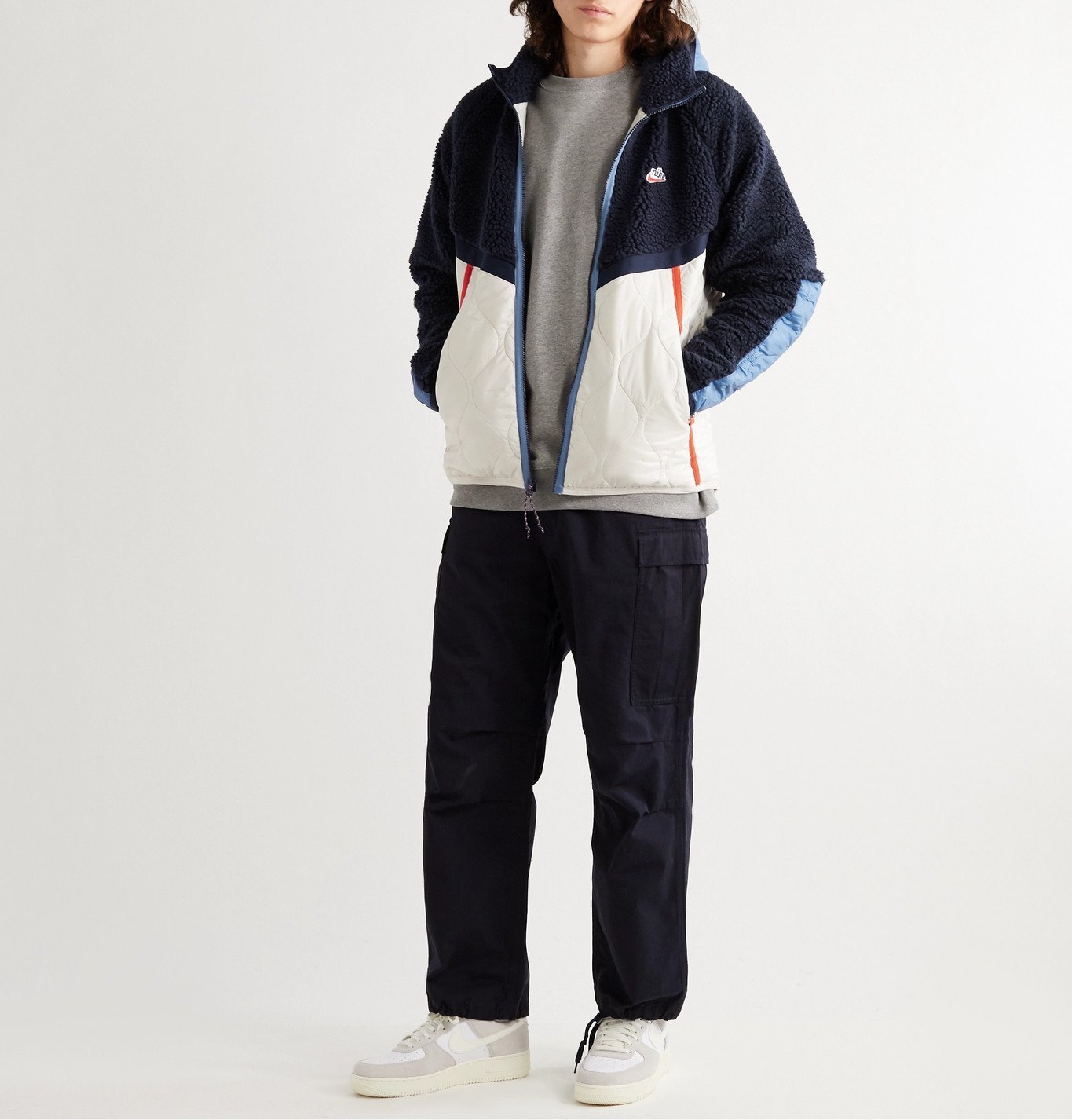 nike nsw panelled fleece and quilted shell hooded jacket