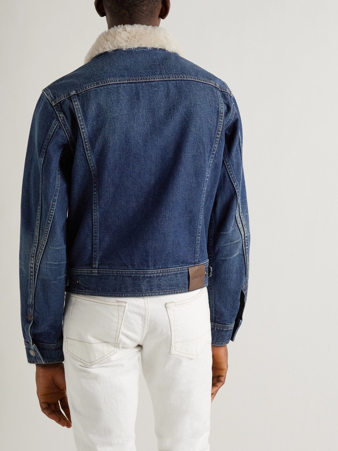 Cropped Shearling-Trimmed Denim Jacket 
