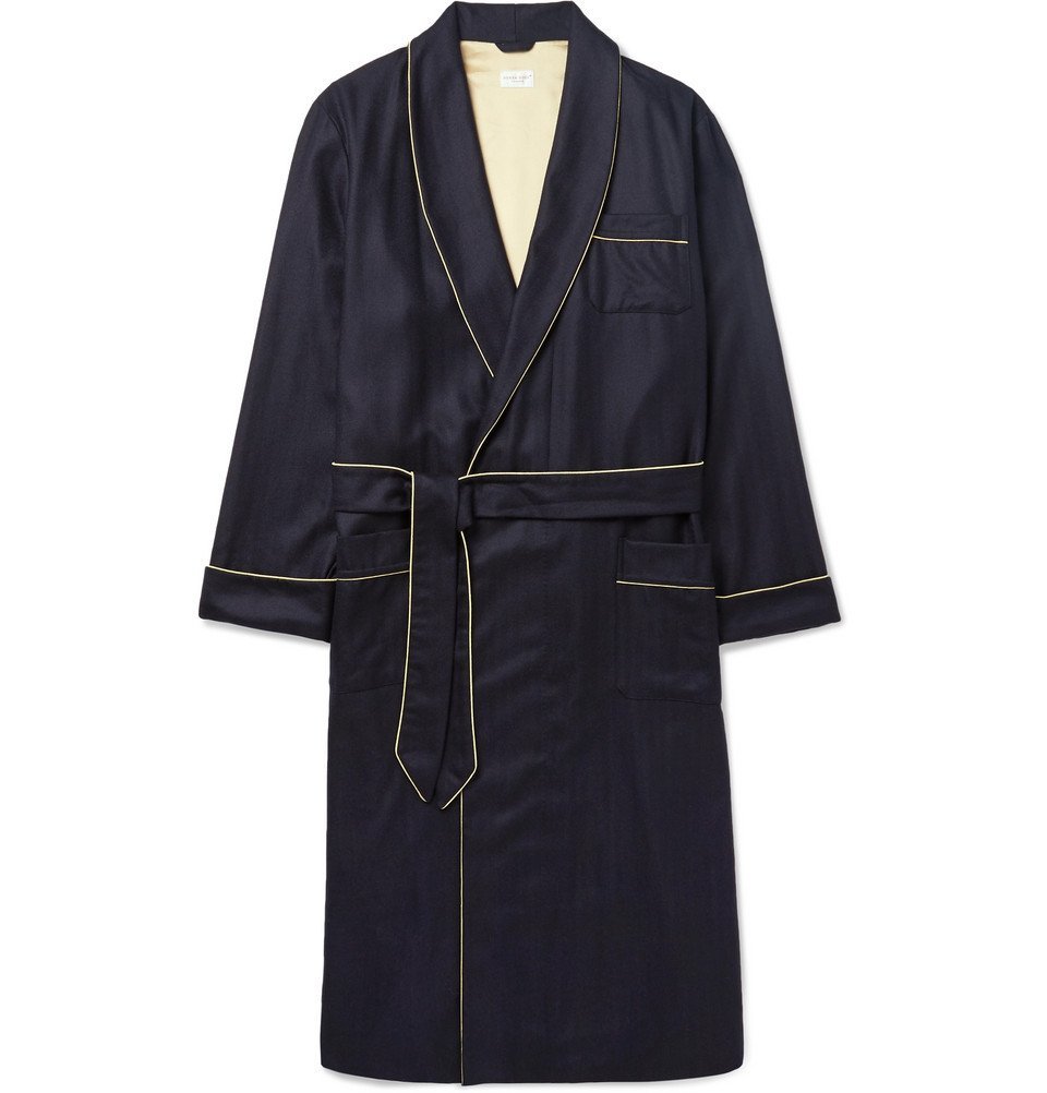 Derek Rose - Duke Silk-Trimmed Herringbone Cashmere Robe - Men - Navy ...