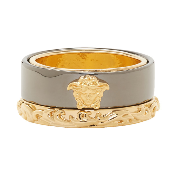 Versace Gold and Gunmetal Medusa Barocco Ring Versace