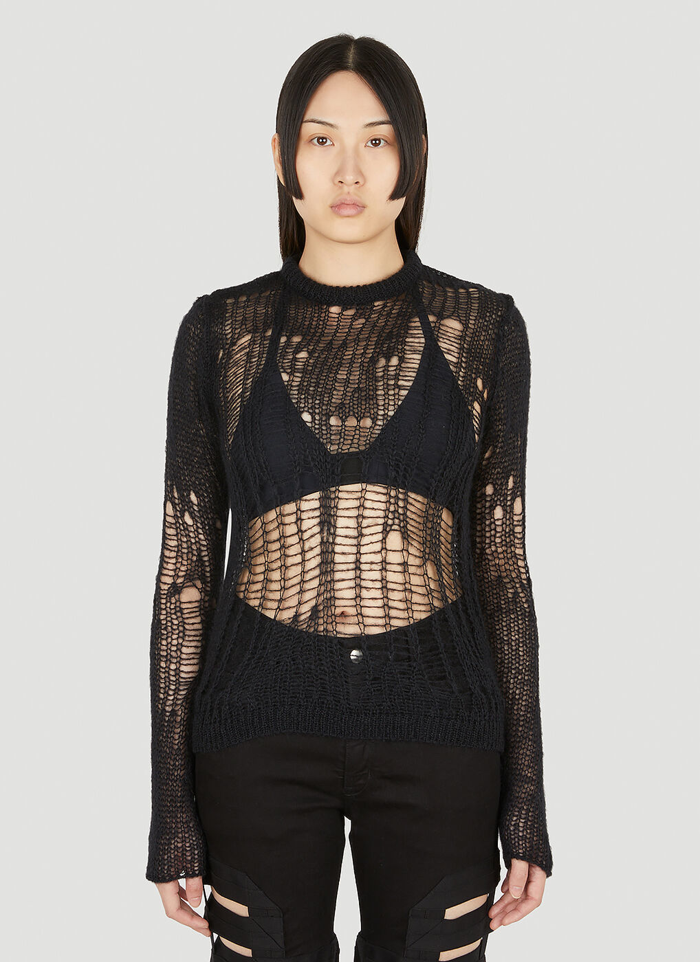 Distressed Spider Knit Sweater in Black