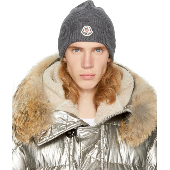 Moncler Grey Ribbed Wool Beanie Moncler