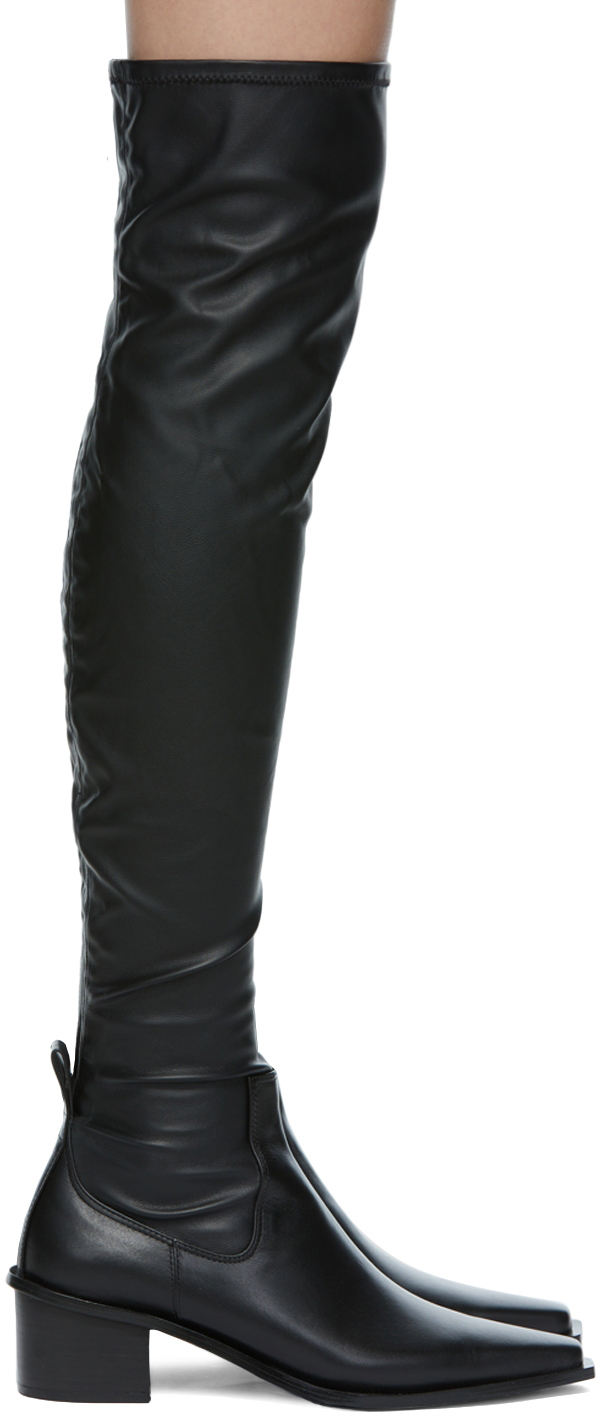 thigh high flat black leather boots